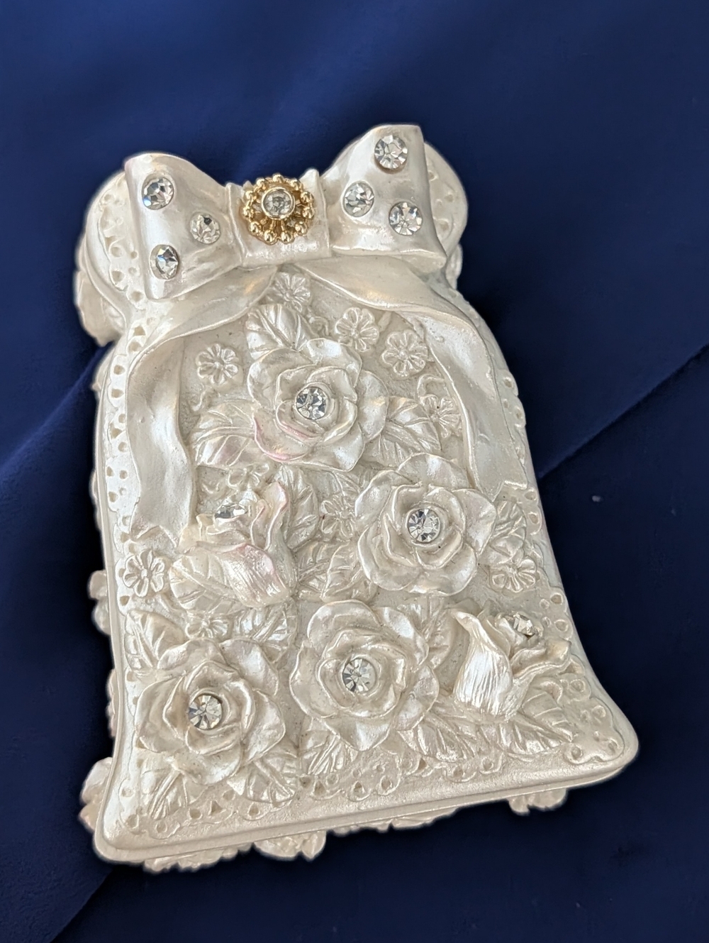 VTG Solina Ornate Pearlized Bell Shape, Rhinestone & Roses, Trinket Souvenir Box